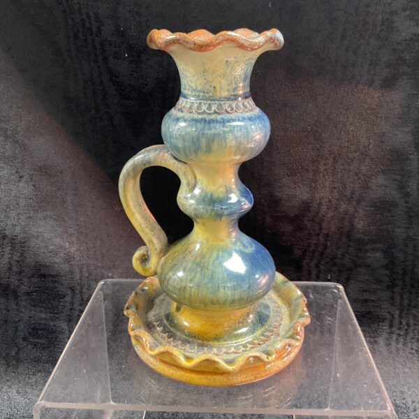 Vintage studio pottery candle holder with drip glaze.