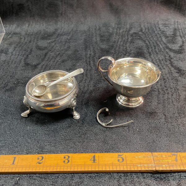 Antique silver mustard pot and dish set with spoon.