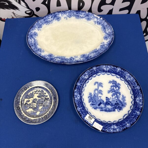 Three blue & white China plates inc doulton & Melrose