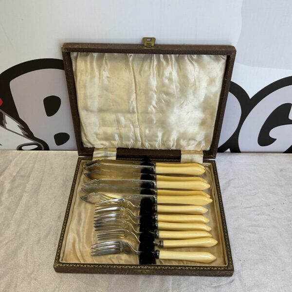 Vintage silver plate fish cutlery set in a fitted case.