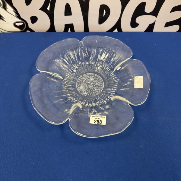 Vintage pressed glass fruit bowl with flower design.