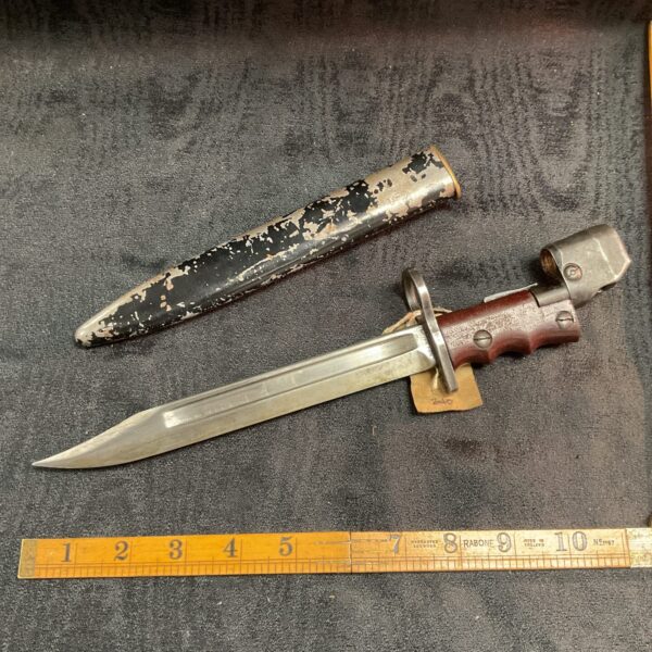 British MK7 bayonet with scabbard, vintage military collectable.