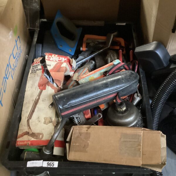 Tray of mixed hand tools for workshop or garden use.