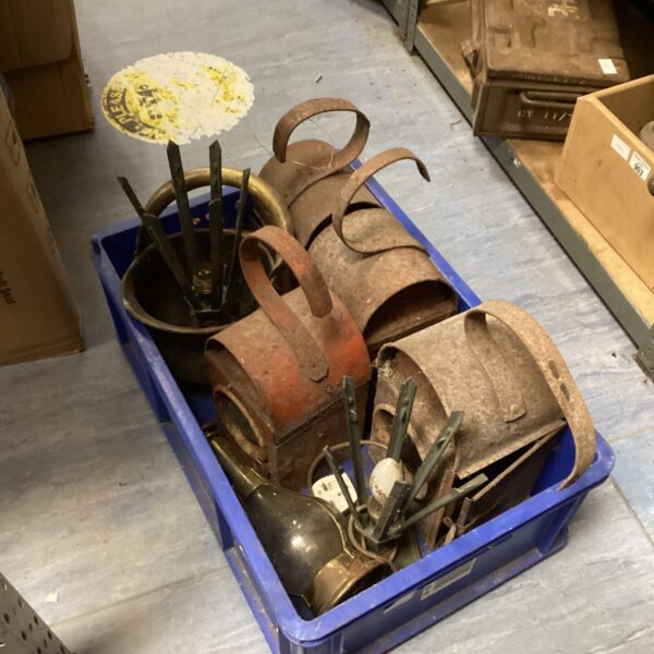 Vintage Workman’s paraffin lamps and mixed metalware in a blue crate.