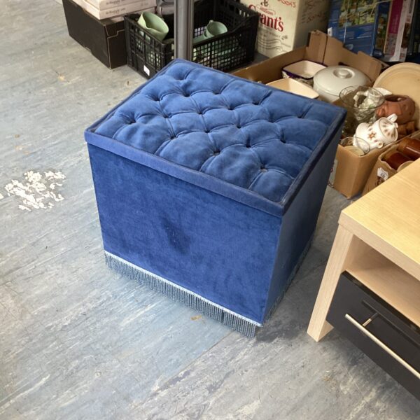 Blue velour ottoman with wooden storage tray insert - slight damage to tassles at base