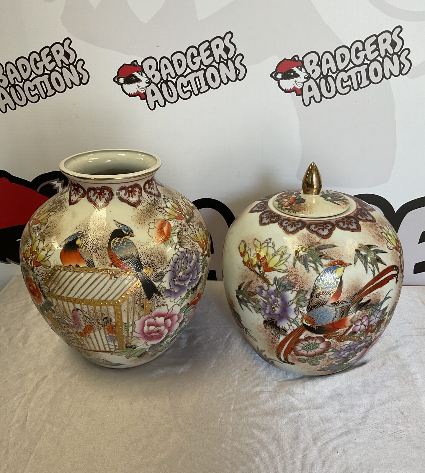 Hand painted birds of paradise pattern 10.5” vase & lidded urn