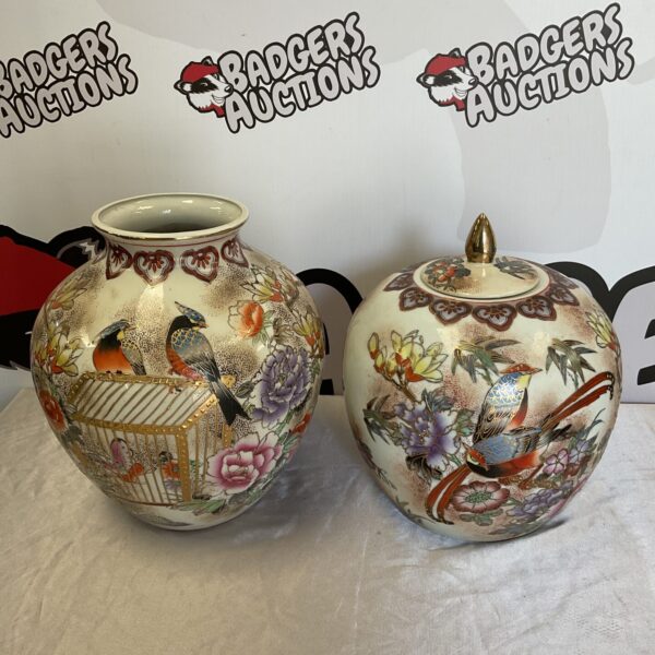 Hand painted birds of paradise pattern 10.5” vase & lidded urn