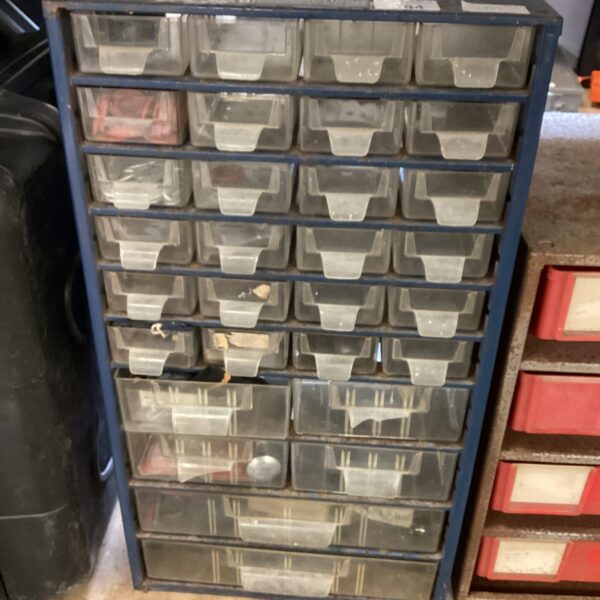 Metal framed plastic parts storage unit with drawers.