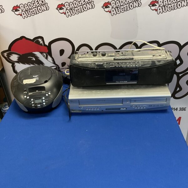 Bush cd player, Sharp stereo radio cassette recorder qt-250, and Funai video recorder and dvd/cd player