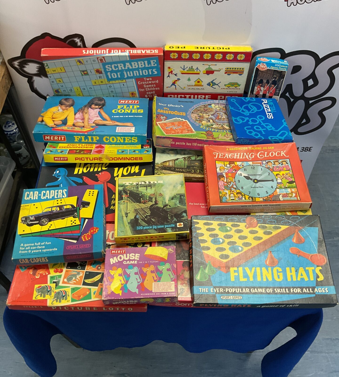 Box full of vintage board games inc waddingtons, walt disney, merit and chad valley