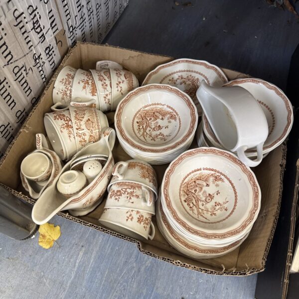 Vintage Furnivals Quail chinaware lot with teacups and saucers.