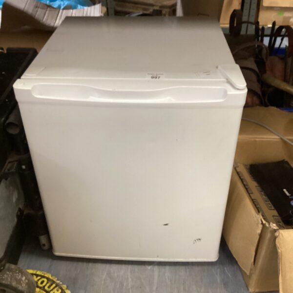 White compact counter top fridge for small spaces.