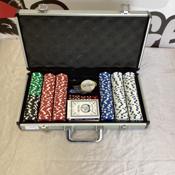 Open silver poker set case with chips and cards.