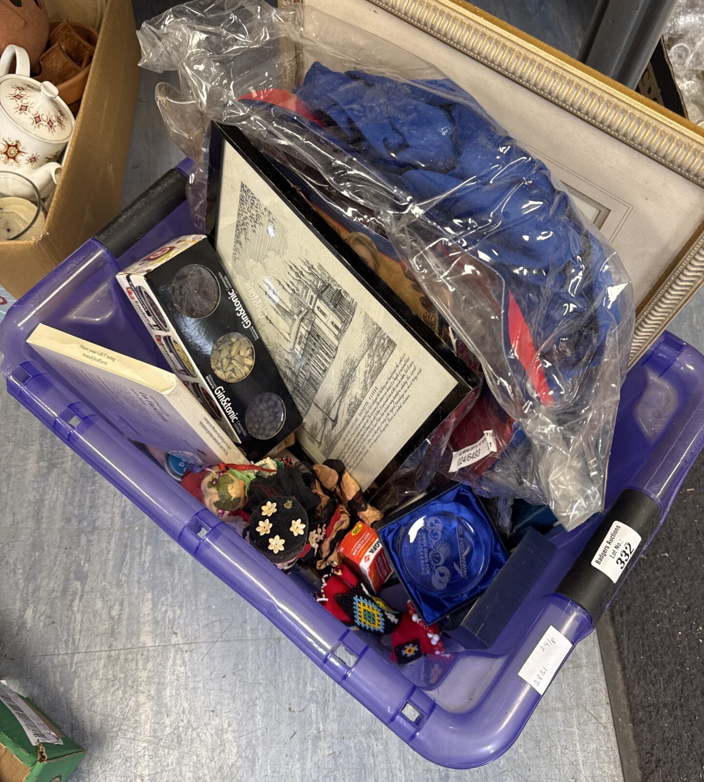 Box of mixed items inc tourist dolls, paperweight & others