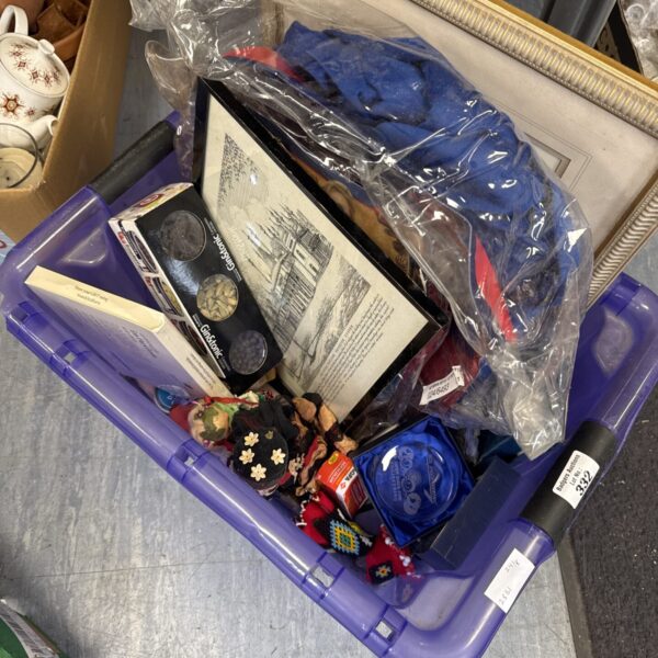 Box of mixed items inc tourist dolls, paperweight & others