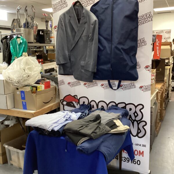 Men's clothing bundle featuring a grey suit and various items.