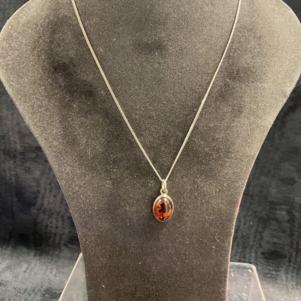 Close-up of amber pendant necklace with silver chain.