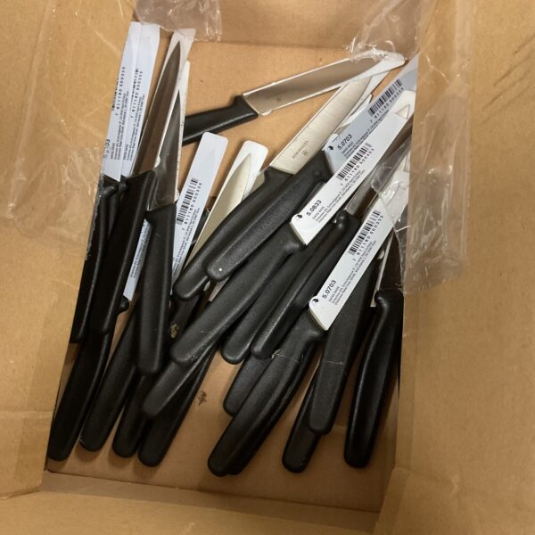 Collection of Victorinox kitchen knives with black handles.