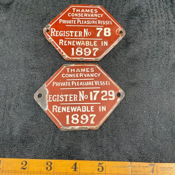 Pair of original 1897 Thames Conservancy registration plates for private vessels.