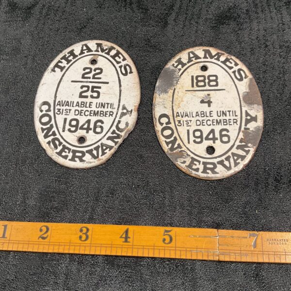 Vintage 1946 Thames Conservancy enamel registration plates for private vessels.
