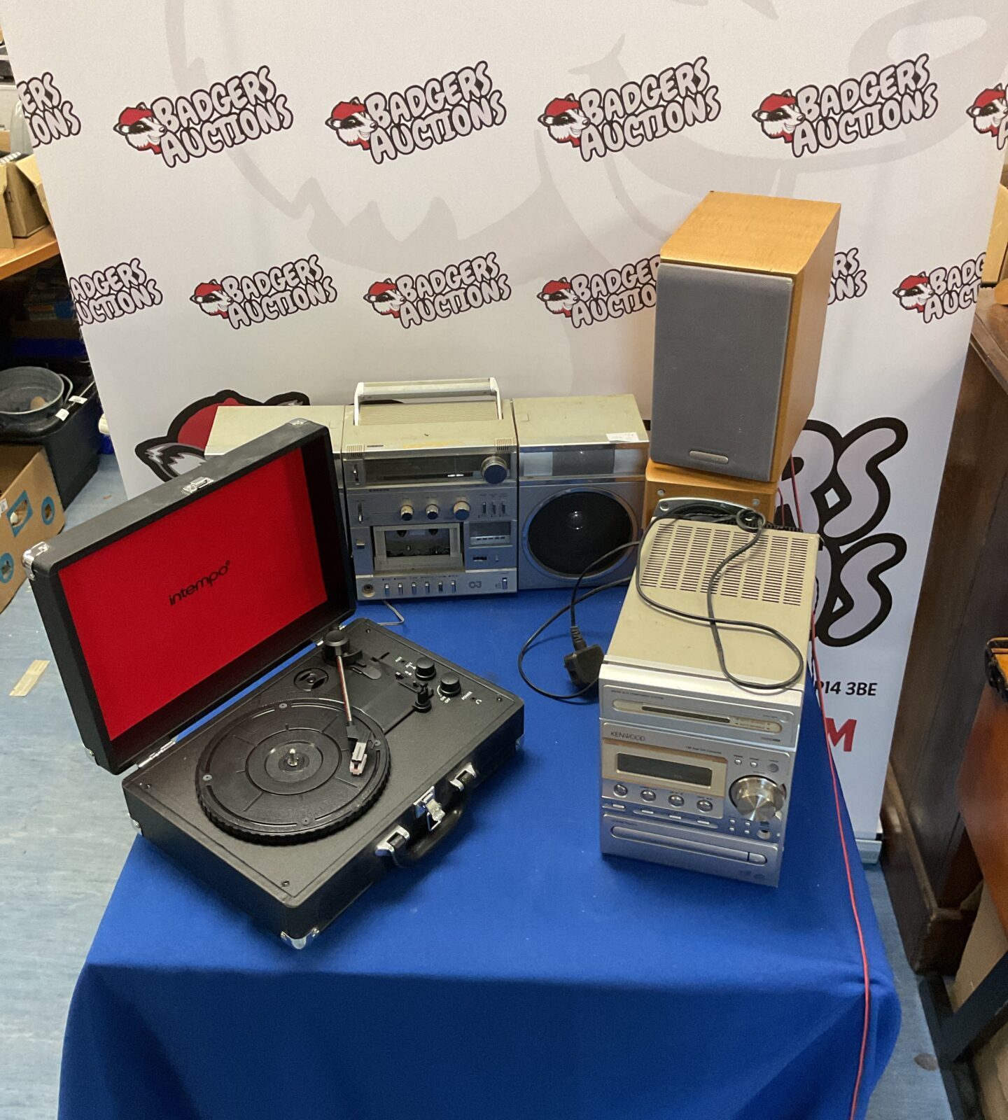 Intempo record player, Kenwood micro hi-fi component system, Kemwood speakers, and Sanyo stereo