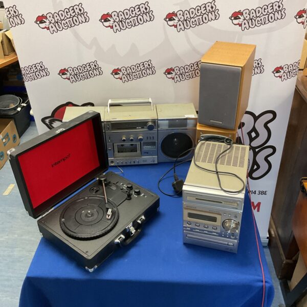 Intempo record player, Kenwood micro hi-fi component system, Kemwood speakers, and Sanyo stereo