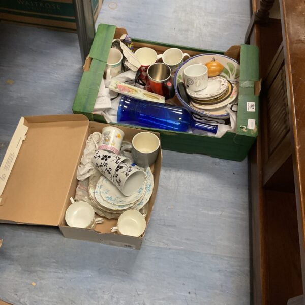 Two boxes of mixed china, plates cups and others