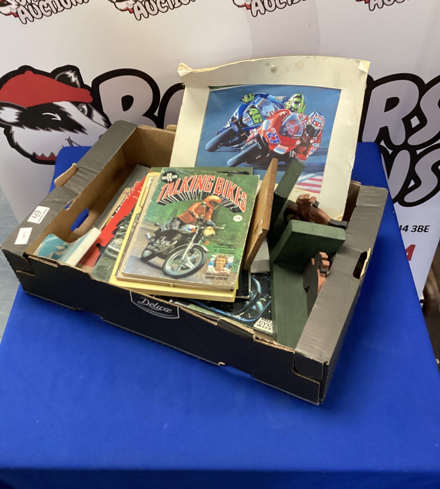 Tray of motorcycle magazines, books, book ends & pictures