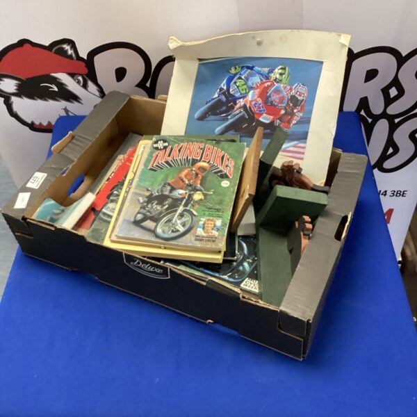 Tray of motorcycle magazines, books, book ends & pictures