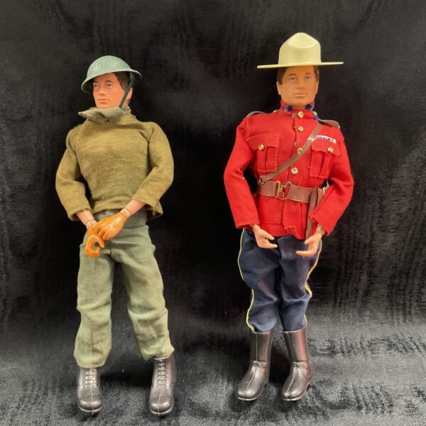 Vintage Action Man figures, soldier and Mountie, with accessories.