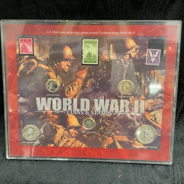 World War II coin and stamp collection with wartime scene backdrop.