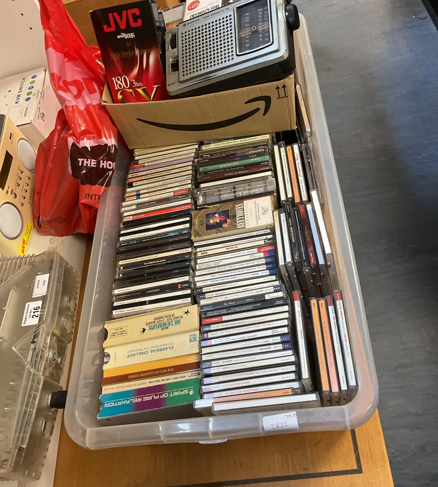 Large collection of CDs incl. classical and relaxing music, with JVC tapes and Sanyo receiver