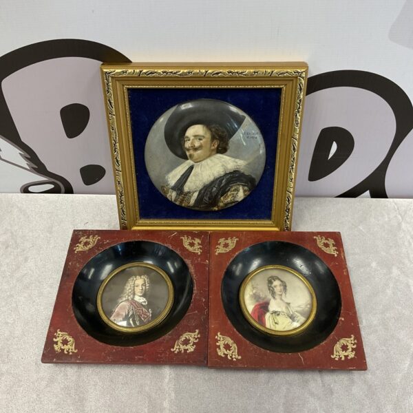 Two miniature Georgian portraits & Staffordshire ceramic miniature portrait of a cavalier