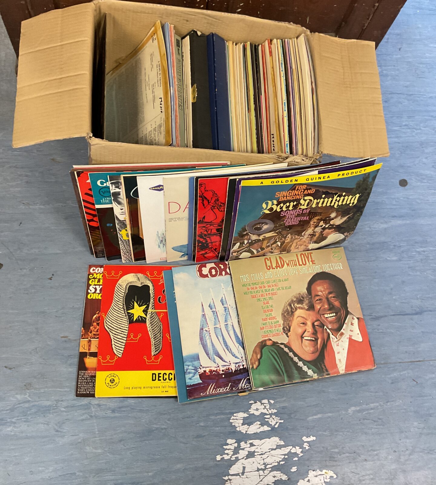 Box of 12” vinyl records inc glad with love
