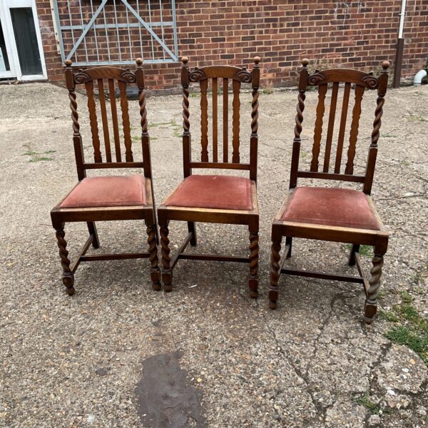 Three antique barley twist dining chairs in a garden setting.