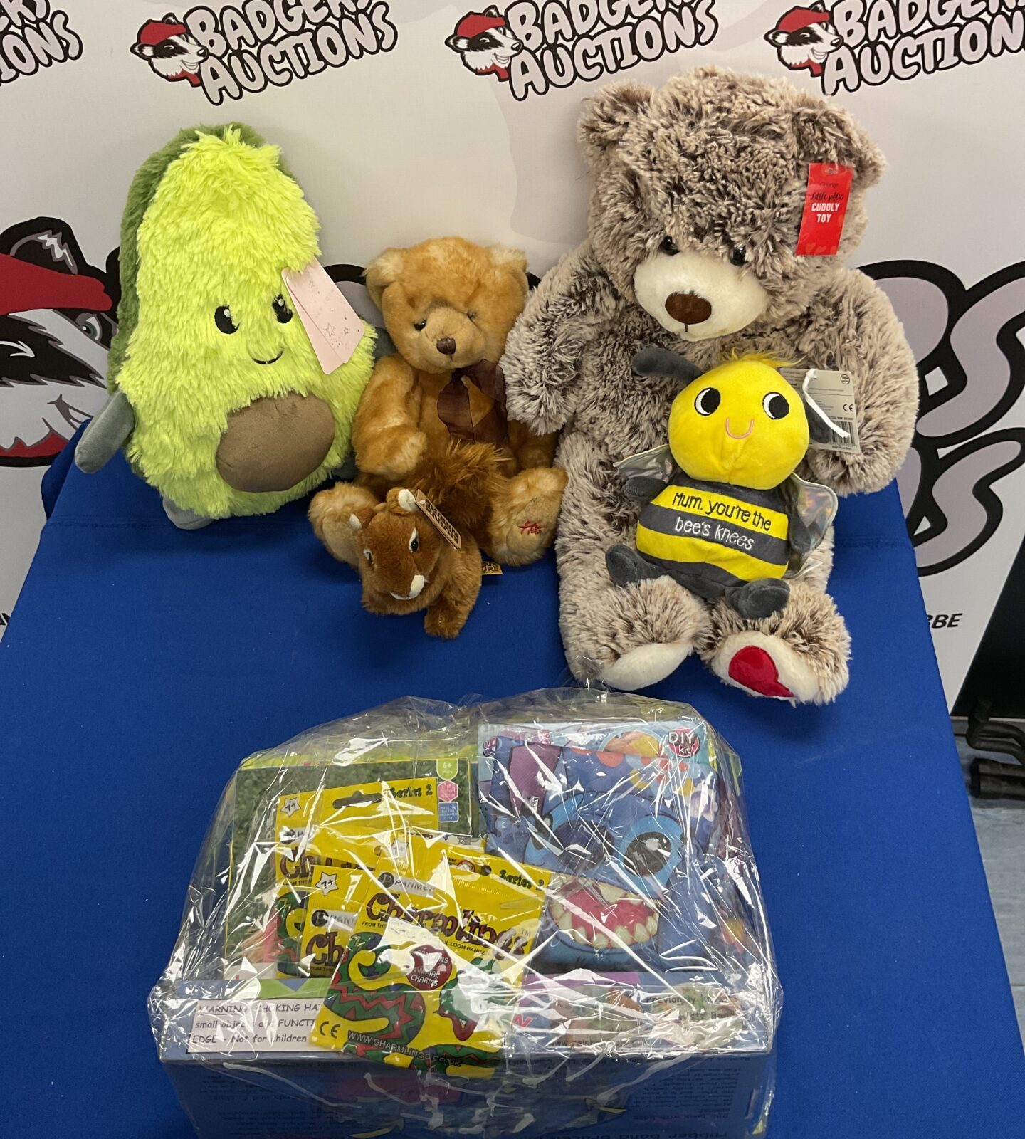 Collection of soft toys inc hamlets bear and bag of craft games inc charmlings