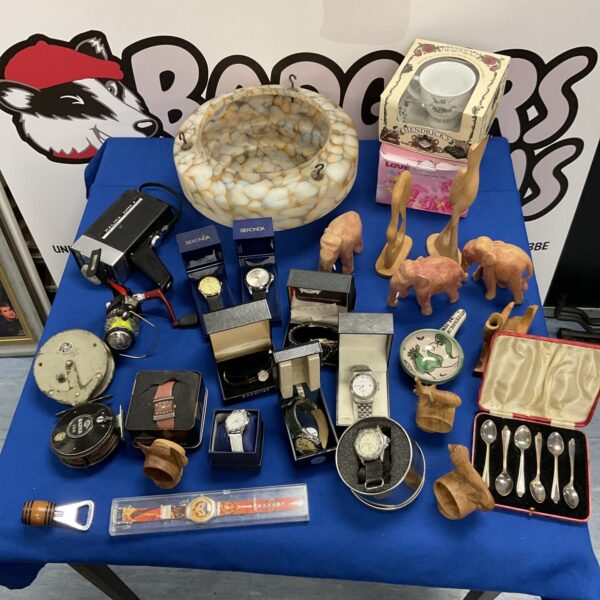Mixed lot to include Accurist and Seconda watches 1930s glass shade fishing reels and wood elephants