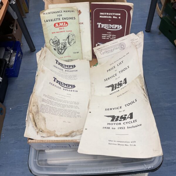 Box of classic triumph & bsa motorbike manuals & ephemera