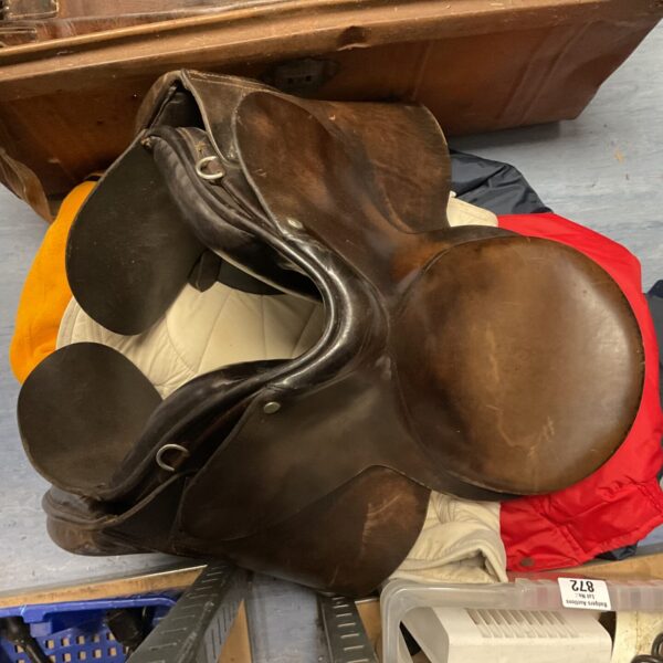 Vintage dressage saddle and horse tack lot.