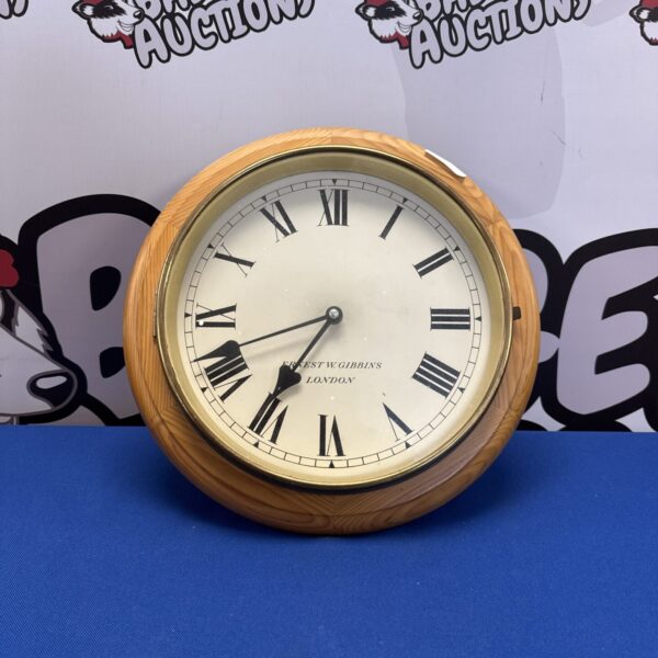 Ernest W Gibbins pine framed wall clock 12.5” diameter approx