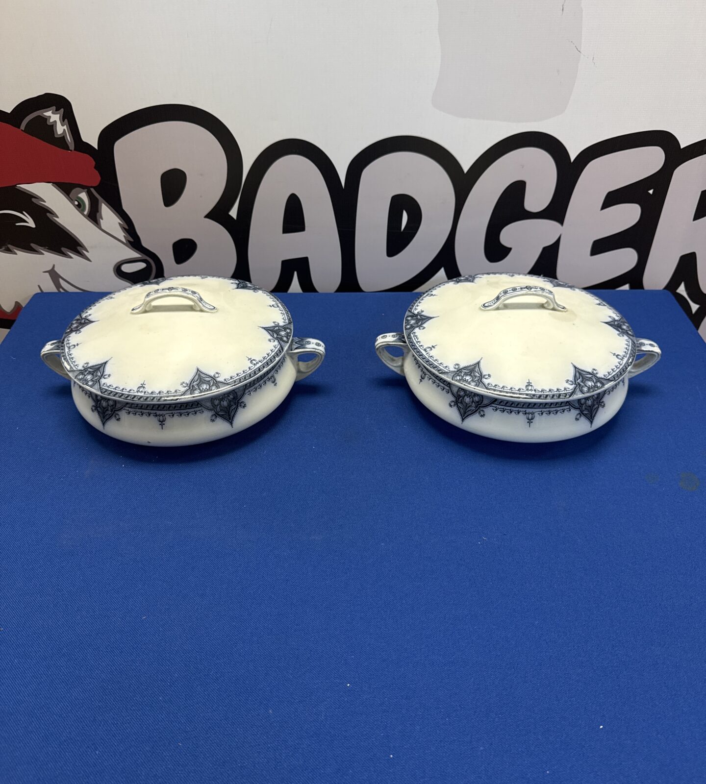 Two vintage Gibson & sons burslem blue & white China taureens 8.5” diameter approx