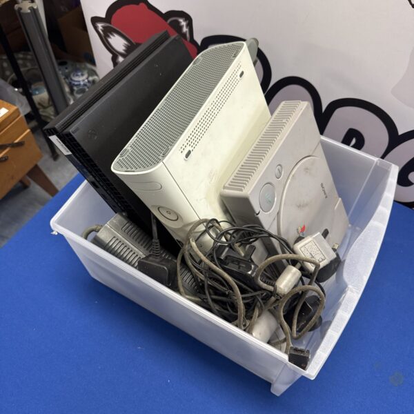 Xbox one X, Xbox 360 & Sony PlayStation consoles with some cables & a controller - untested