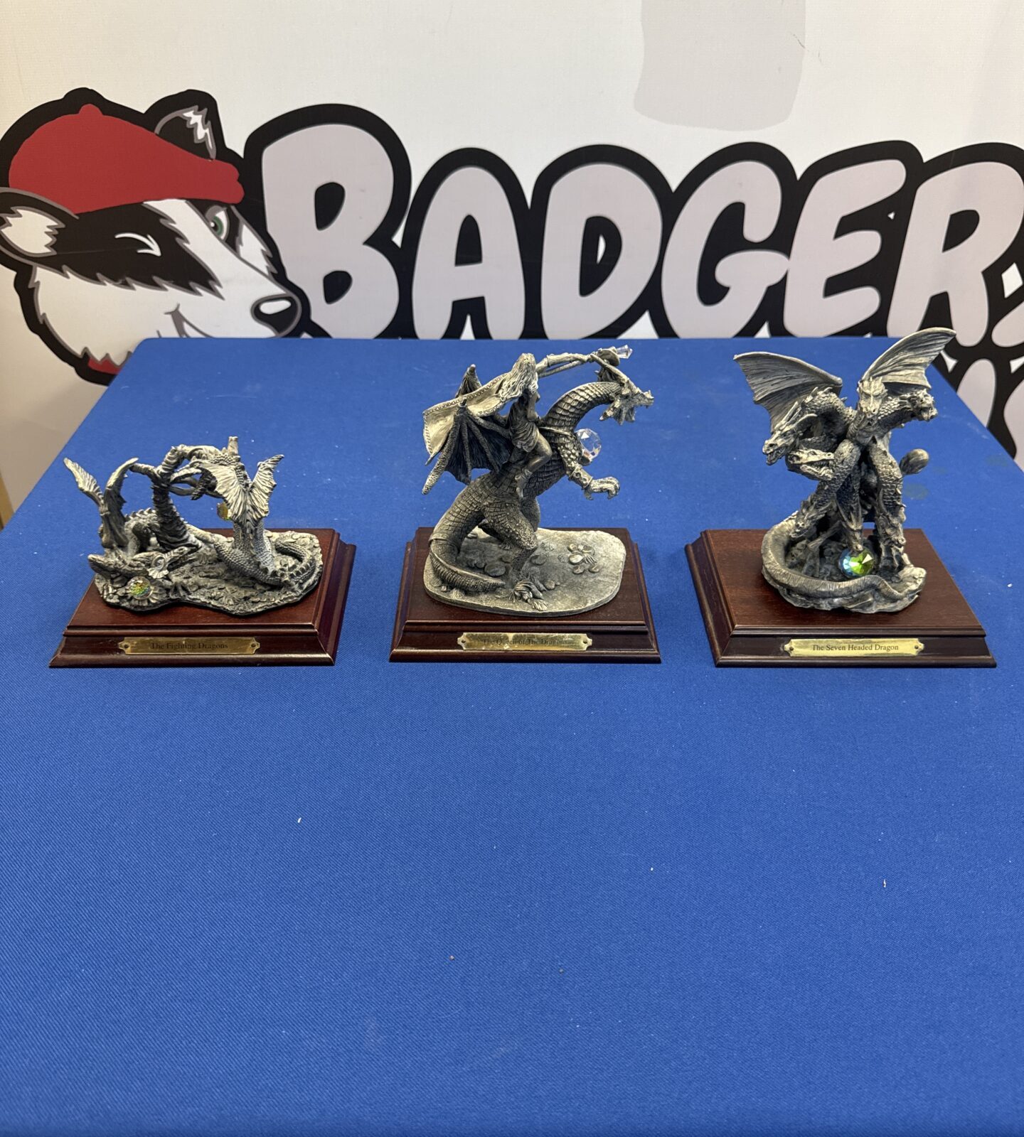 Three heavy pewter might & magic dragon figures