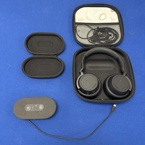 Black Microsoft Teams headset on display, ideal for office use.