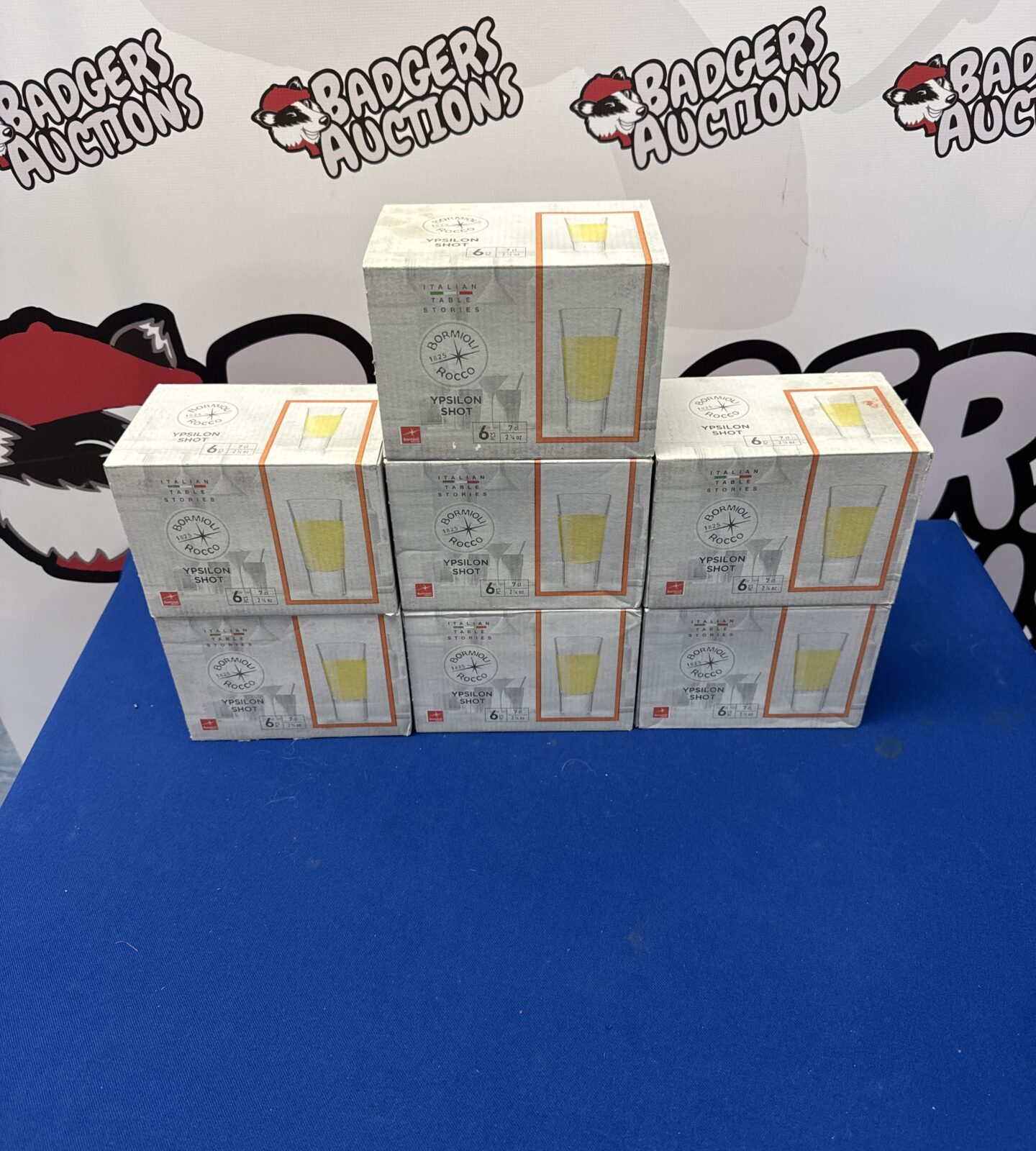 Seven boxes of six bormioli rocco Italian ypilson shot glasses