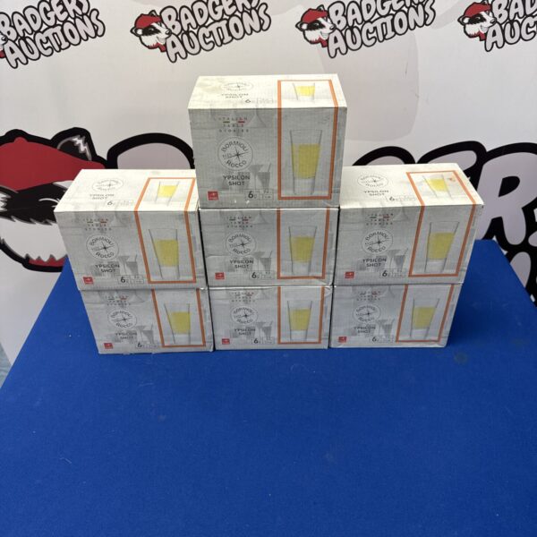 Seven boxes of six bormioli rocco Italian ypilson shot glasses