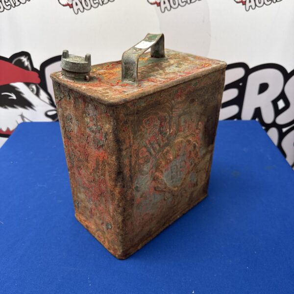 Vintage Shellmex BP fuel can with regent cap, showing signs of age.
