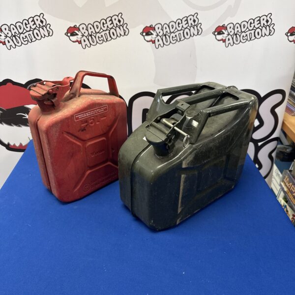 Vintage metal jerry cans, a lot of two, for fuel or water.