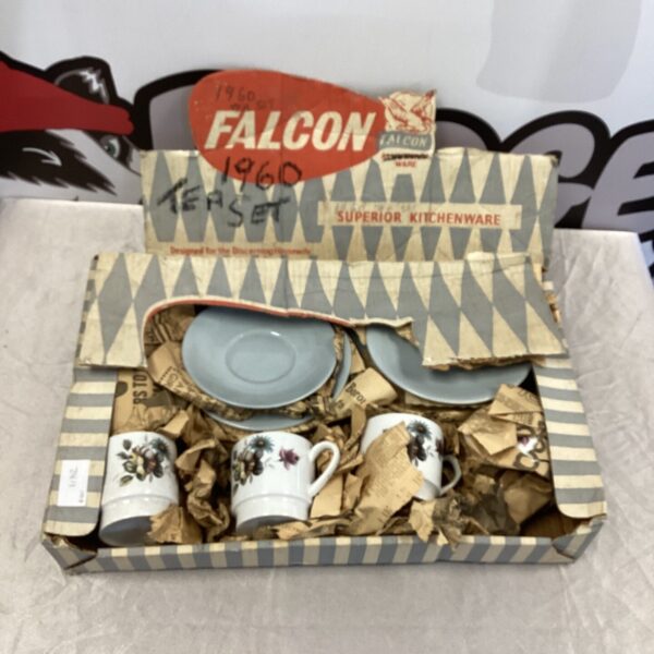 Vintage Falcon 1960s cup and saucer set, mid century modern design.