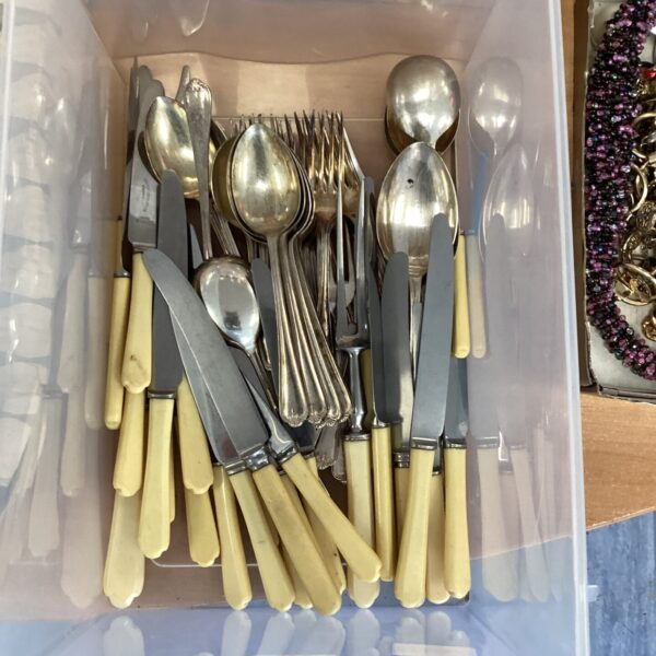 Vintage bone handle cutlery set with knives, forks, and spoons.